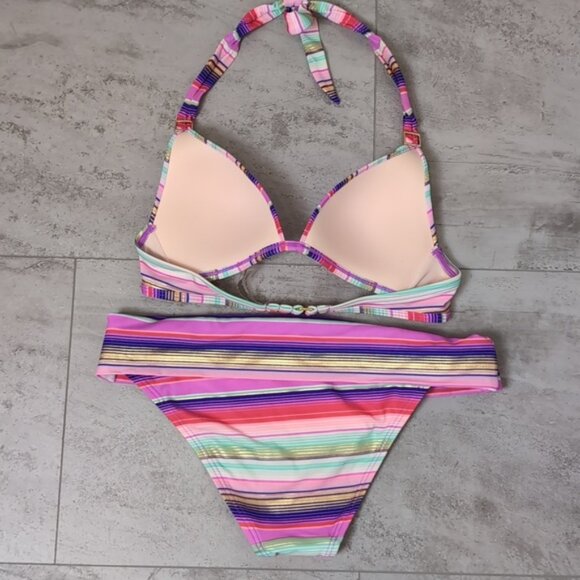 Victorias Secret Bikini Set Striped Wirefree Halter Foldover Push Up Metallic - Picture 5 of 12